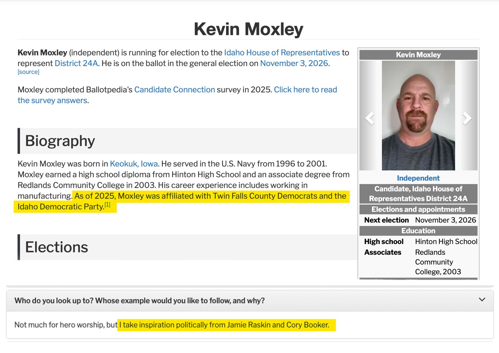 Kevin Moxley Ballotpedia profile showing affiliation with Twin Falls County Democrats and the Idaho Democratic Party