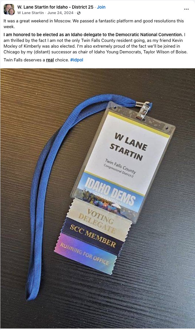 June 2024 post announcing Kevin Moxley was elected an Idaho delegate to the Democratic National Convention