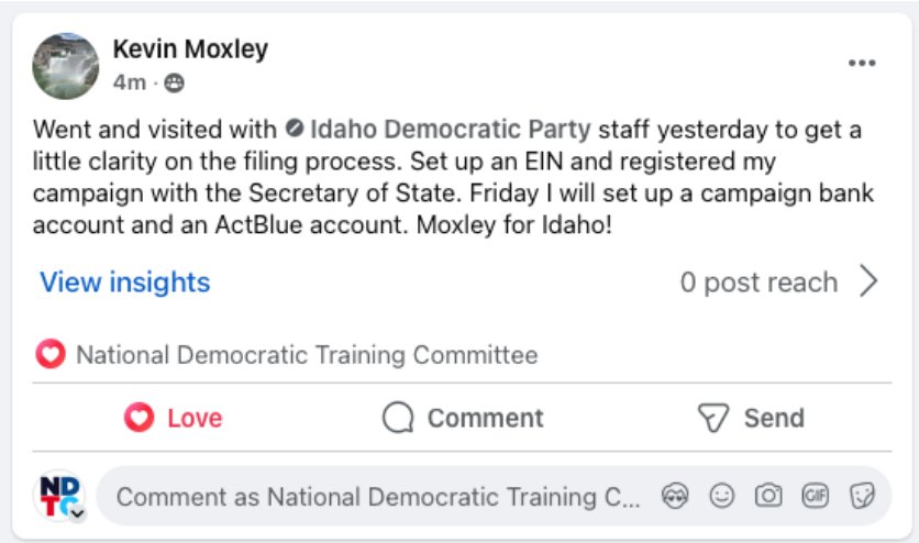 Kevin Moxley post about visiting Idaho Democratic Party staff and setting up an ActBlue account