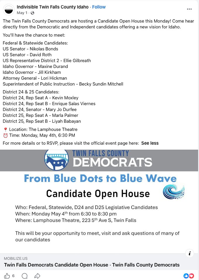 Indivisible Twin Falls County post promoting the Twin Falls County Democrats candidate open house listing Kevin Moxley