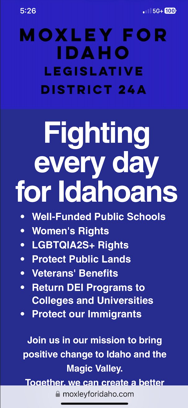 Screenshot of moxleyforidaho.com listing campaign priorities